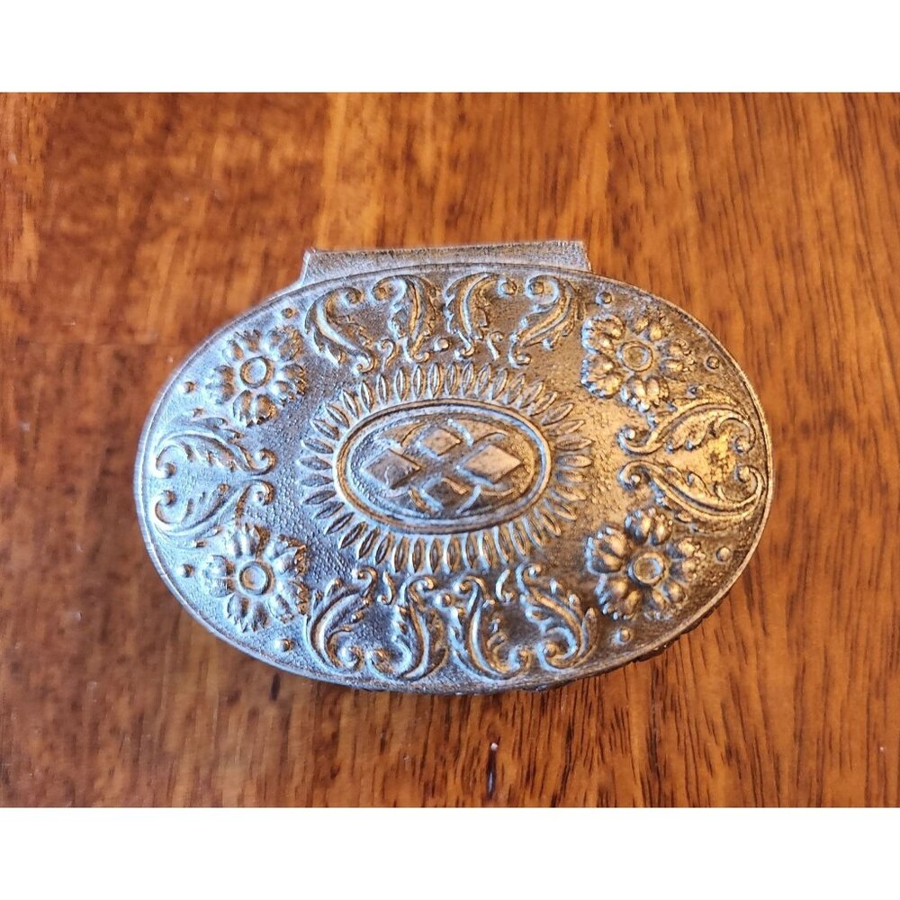 Antique Ornate Silver-Tone Mini Jewelry Trinket Box W/ Floral Embossing & Red Ve